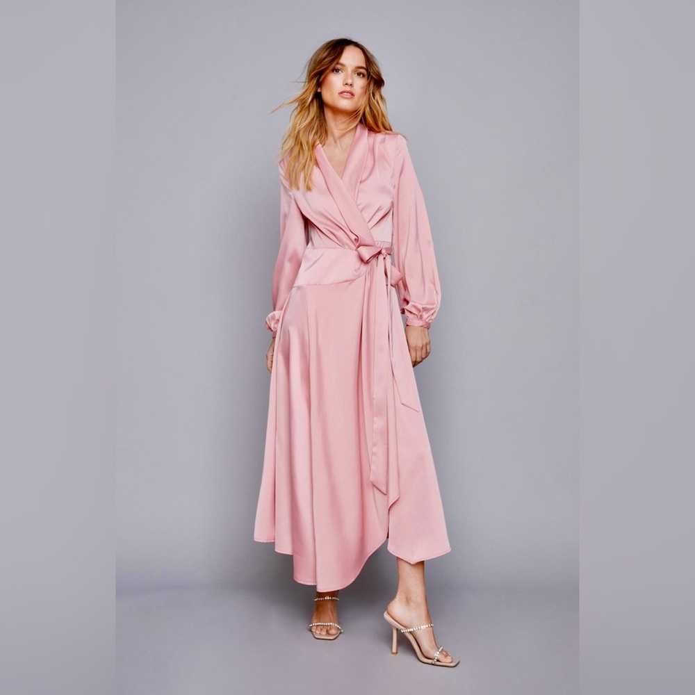 Nasty Gal Satin Long Sleeve Midi Wrap Dress